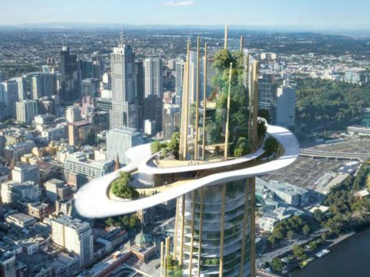 Ein futuristisches Hochhaus mit spiralförmiger weißer Terrasse und vertikalen grünen Elementen erhebt sich über einer dichten Stadtlandschaft.