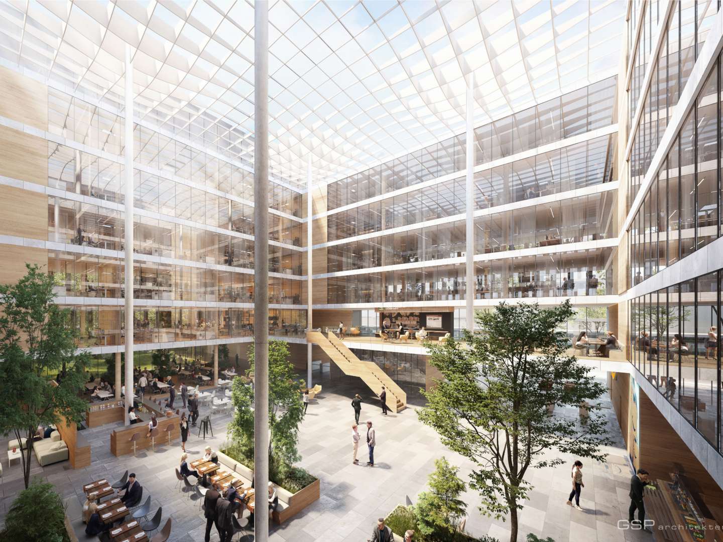 Ein modernes Atrium-Bürogebäude mit transparenter Glasfassade, mehreren Geschossen und zentralem Innenhof, durchflutet von Tageslicht.