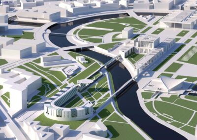 Diese architektonische Visualisierung zeigt ein modernes Quartier mit geschwungenen weißen Gebäuden, grünen Freiflächen und einem zentralen Wasserlauf.