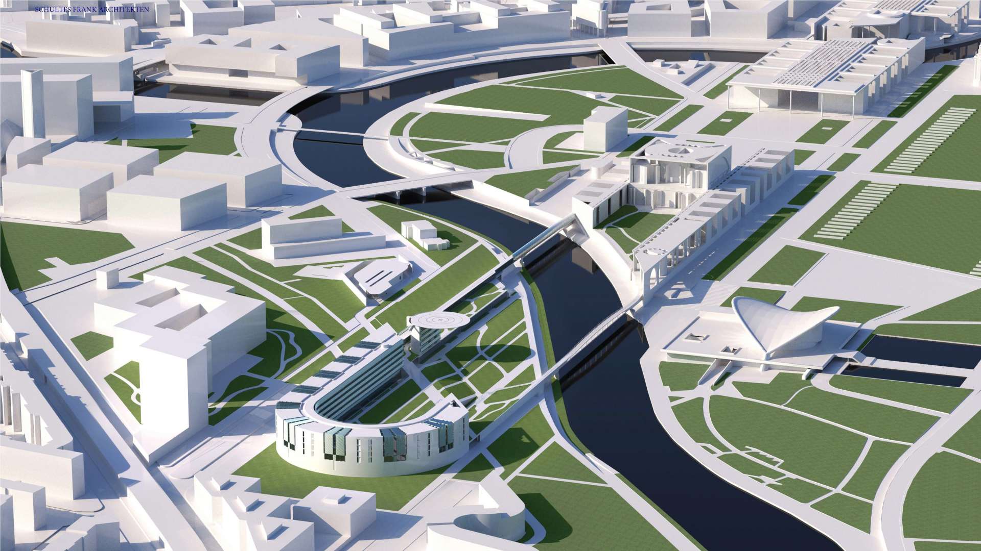 Diese architektonische Visualisierung zeigt ein modernes Quartier mit geschwungenen weißen Gebäuden, grünen Freiflächen und einem zentralen Wasserlauf.