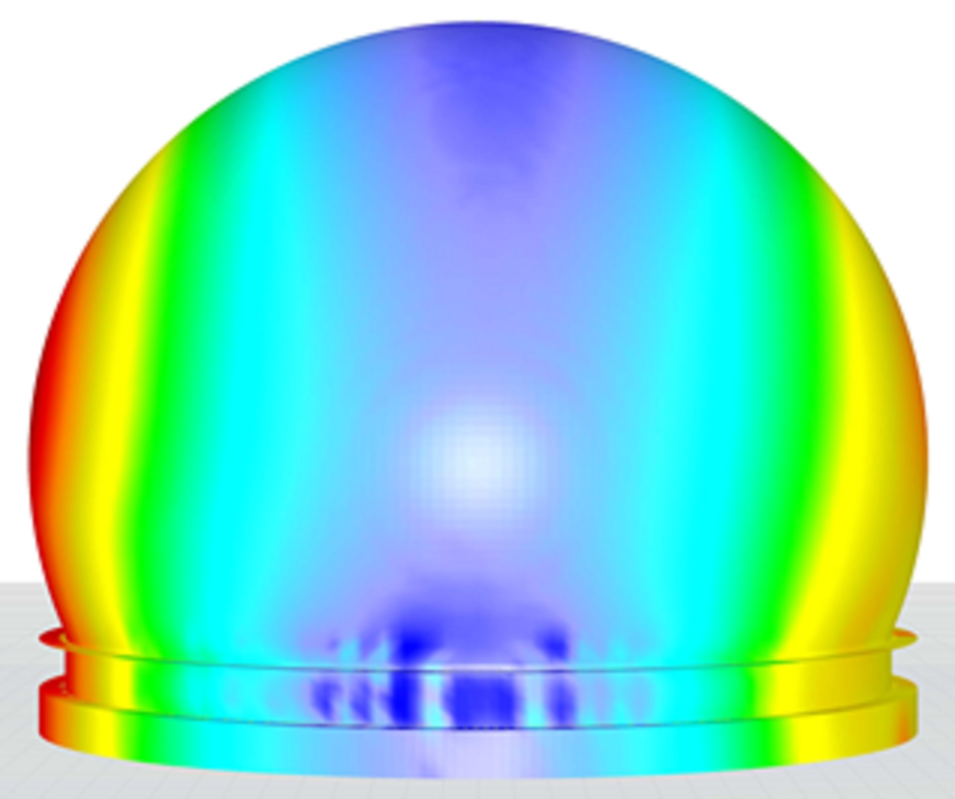 Eine glänzende Glaskuppel mit regenbogenfarbenem Farbverlauf und geometrischen Mustern an der Basis.