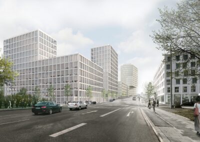 Eine moderne Stadtstraße mit zeitgenössischen Hochhäusern mit vertikalen Fassadenelementen, umgeben von Grünflächen und Fußgängern.