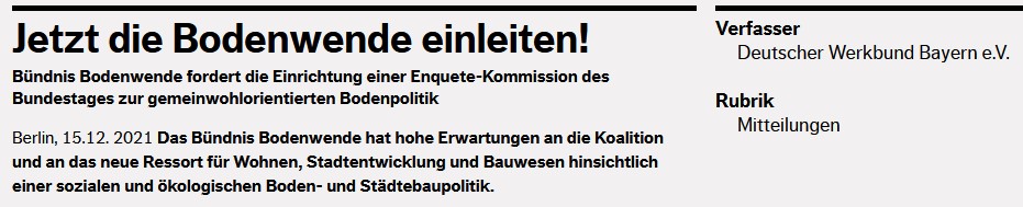 Das Bild zeigt eine Pressemitteilung des Deutschen Werkbunds Bayern zur Bodenpolitik und Stadtentwicklung vom Dezember 2021.