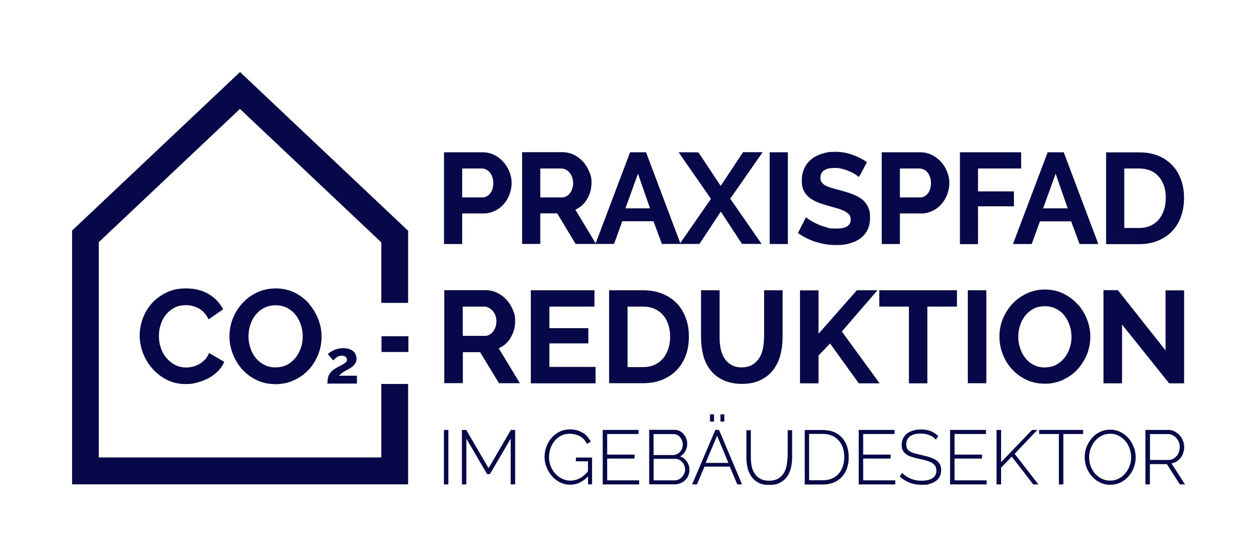 Das Logo zeigt ein Haussilhouette mit CO₂-Reduktion als Kernthema für den Gebäudesektor.
